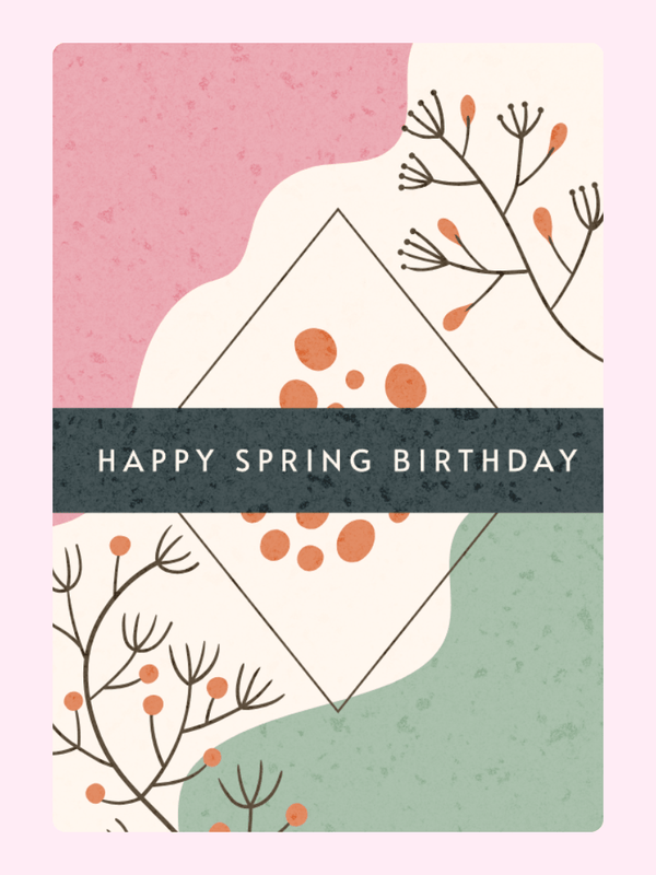 Abstract Happy Spring Birthday greeting card with pastel pink and green shapes and minimalist floral artwork