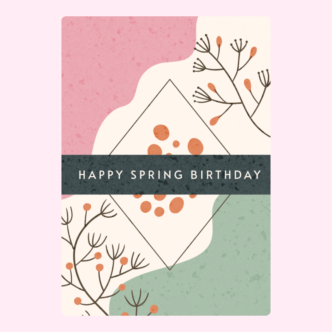 Abstract Happy Spring Birthday greeting card with pastel pink and green shapes and minimalist floral artwork