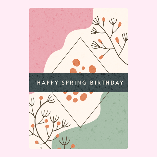 Abstract Happy Spring Birthday greeting card with pastel pink and green shapes and minimalist floral artwork
