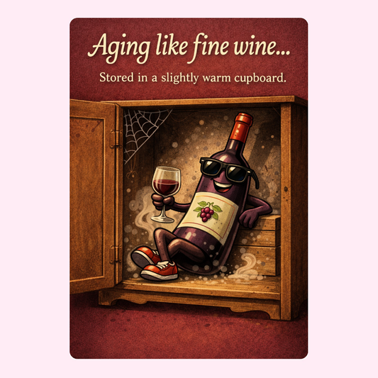 Funny birthday card with wine bottle saying ageing like fine wine stored in a slightly warm cupboard