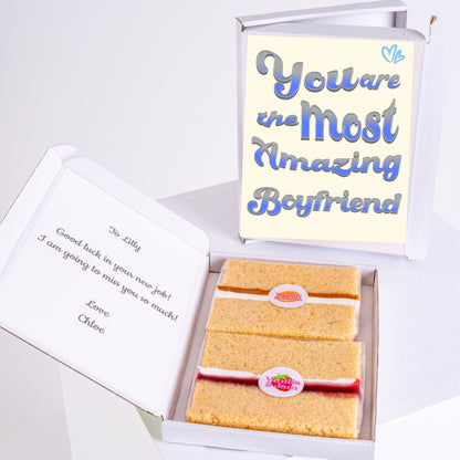 Birthday cake gift box with amazing boyfriend greeting card design