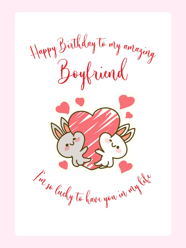 Cute birthday cake card for boyfriend with bunny and heart illustration
