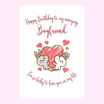 Cute birthday cake card for boyfriend with bunny and heart illustration