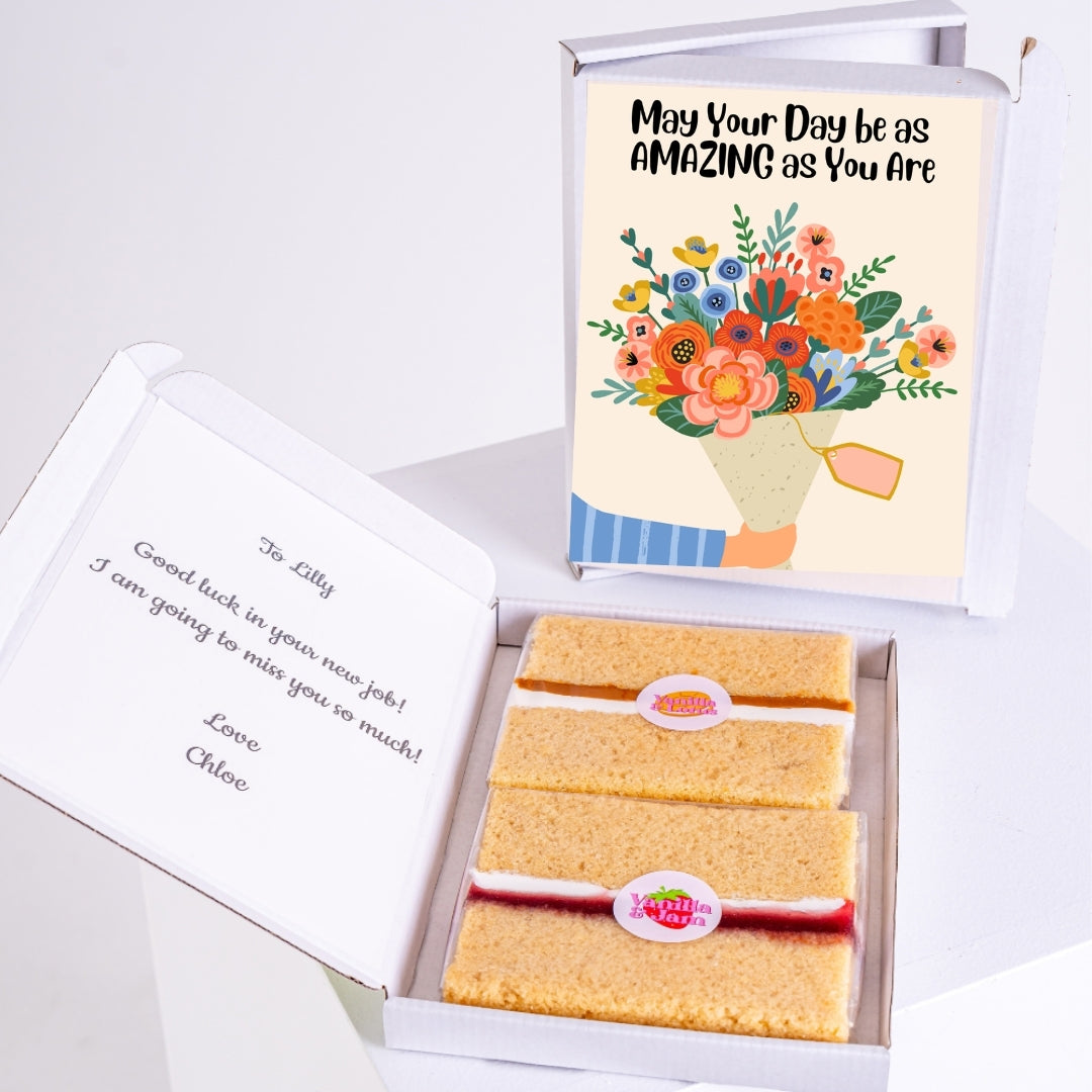 gift box letterbox cake with amazing day floral bouquet card