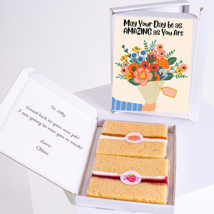 gift box letterbox cake with amazing day floral bouquet card
