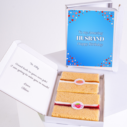 Birthday cake gift box for amazing husband with blue heart greeting card