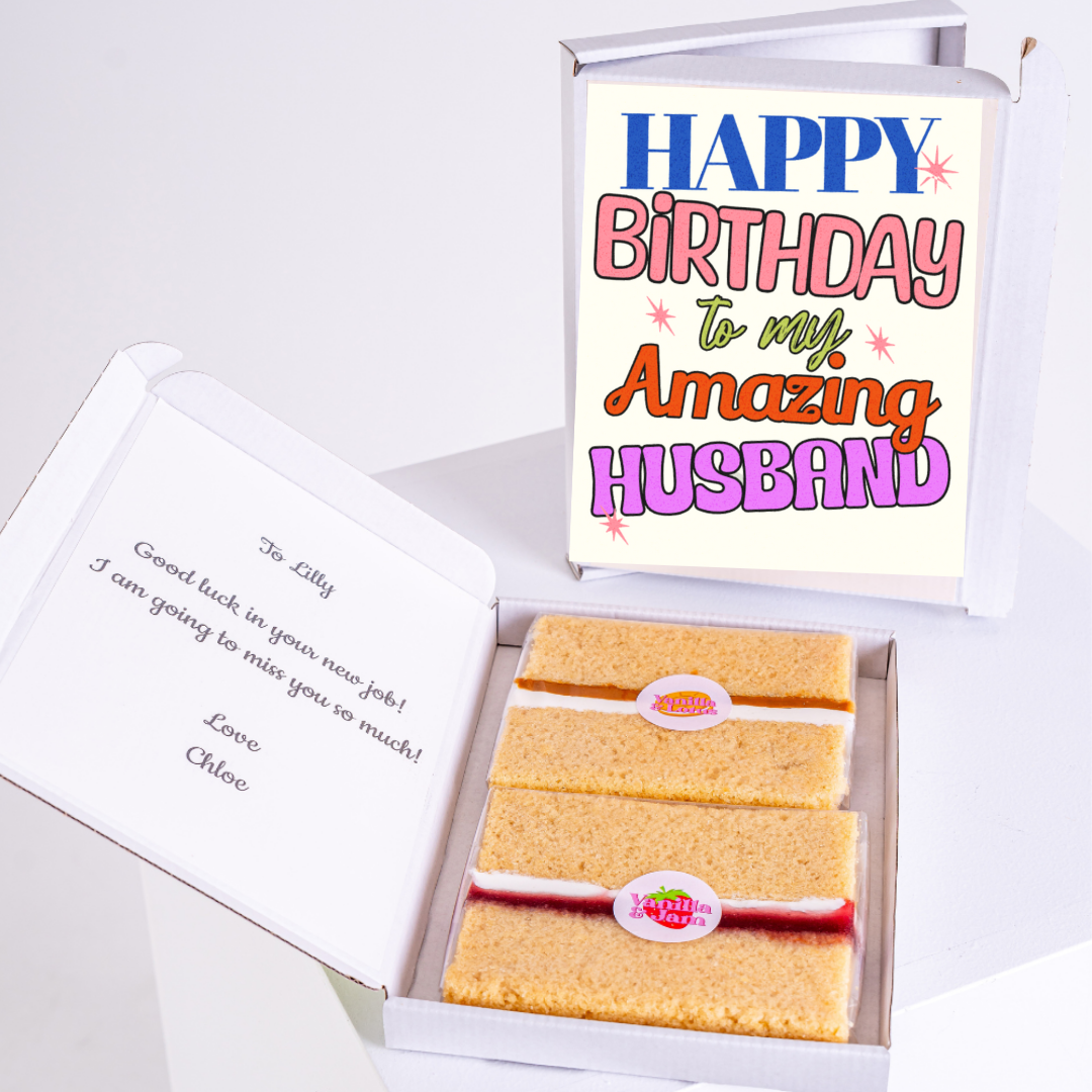 Happy birthday cake gift box for amazing husband with colorful greeting card