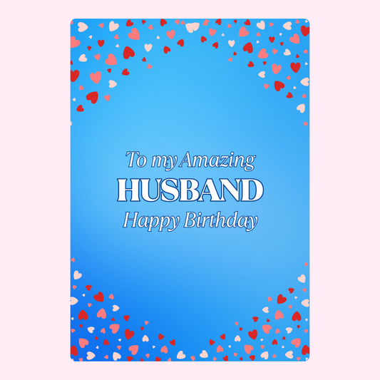 Blue birthday cake card for amazing husband with heart border design