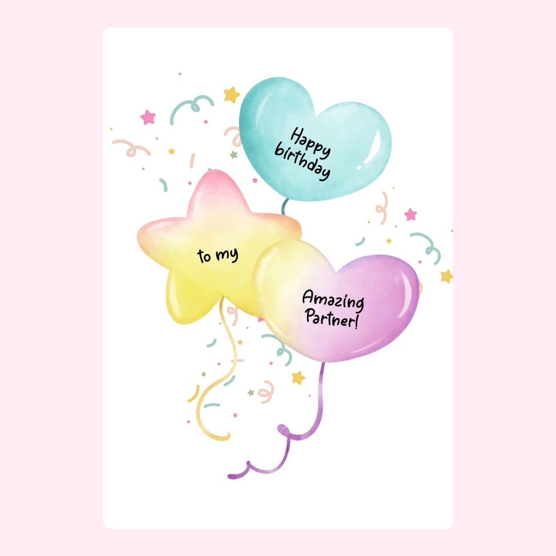 Cute pastel birthday cake card with balloons for an amazing partner