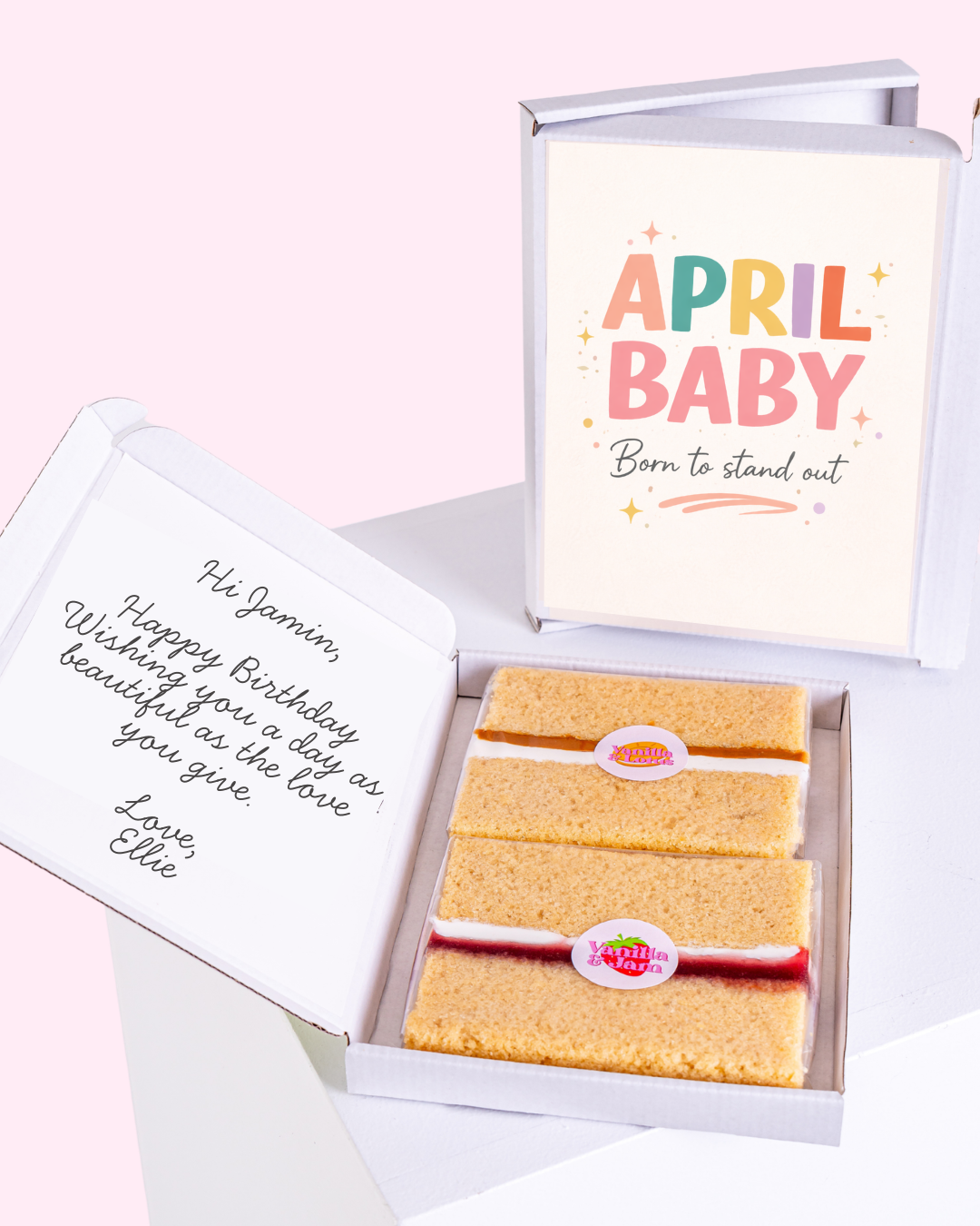 Colorful April birthday cake gift box with playful pastel typography and cheerful birthday message