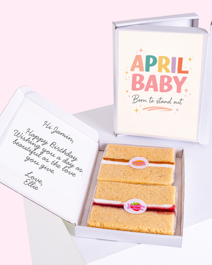 Colorful April birthday cake gift box with playful pastel typography and cheerful birthday message