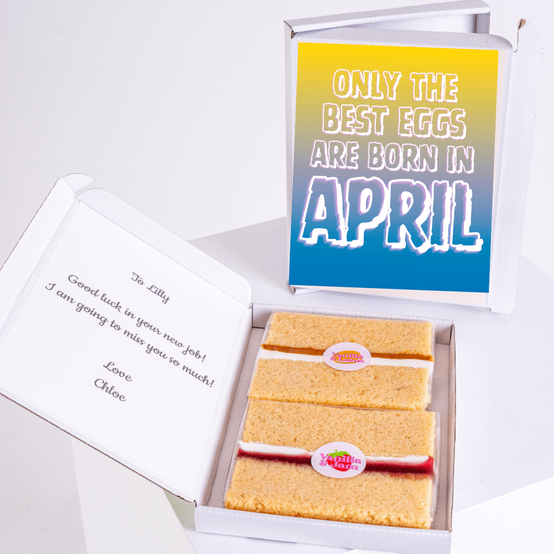 Birthday cake gift box with colourful April birthday quote design saying only the best eggs are born in April