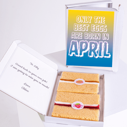 Birthday cake gift box with colourful April birthday quote design saying only the best eggs are born in April