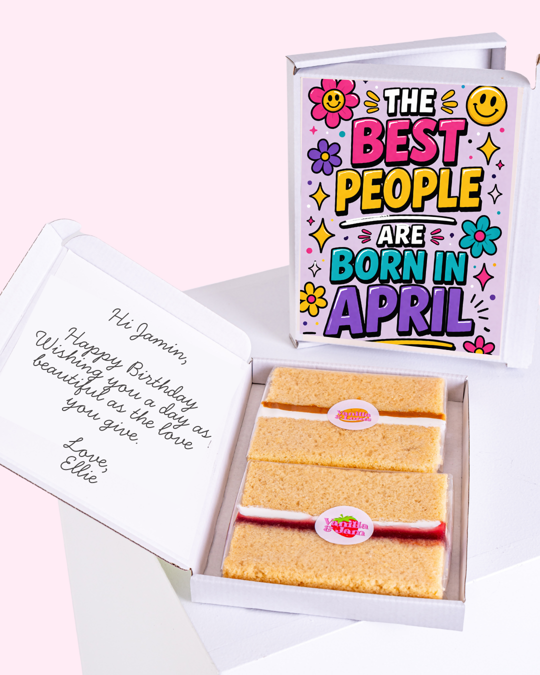 Bright April birthday cake gift box with colourful typography, smiley flowers and fun retro birthday design