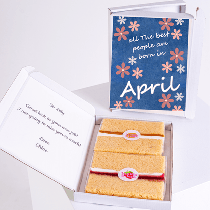 Birthday cake gift box with blue floral April birthday design and handwritten quote