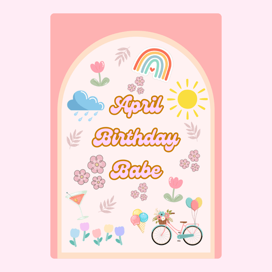 Playful April Birthday Babe card with pastel flowers, rainbow, sunshine and cute spring illustrations