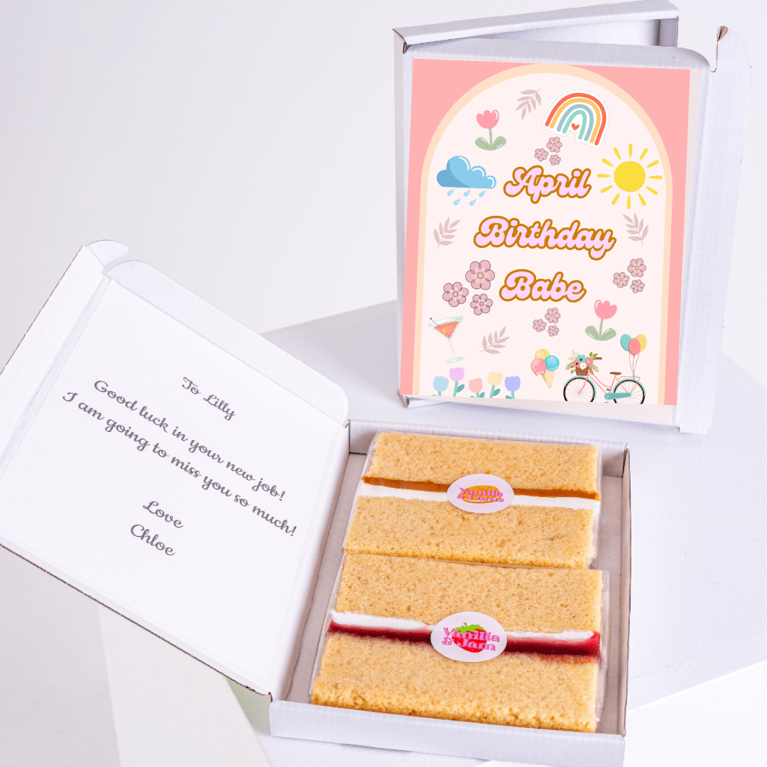Cute April birthday cake gift box with pastel illustrations, rainbow artwork and playful birthday design