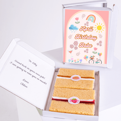 Cute April birthday cake gift box with pastel illustrations, rainbow artwork and playful birthday design