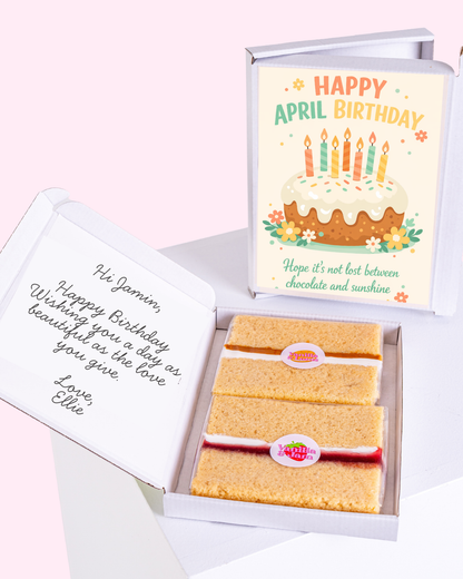 April birthday cake gift box featuring a cute illustrated birthday cake with candles, flowers and pastel colours