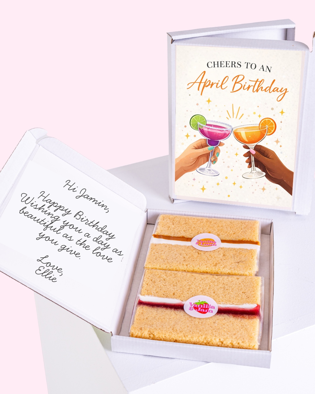 April birthday cake gift box with colourful cocktail cheers illustration and stylish birthday celebration design
