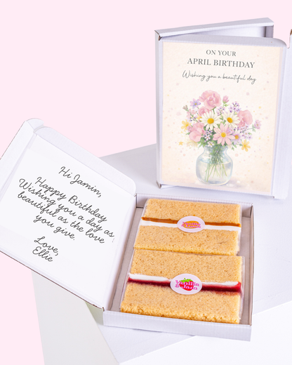 Elegant April birthday cake gift box with soft floral bouquet artwork and pastel birthday message design