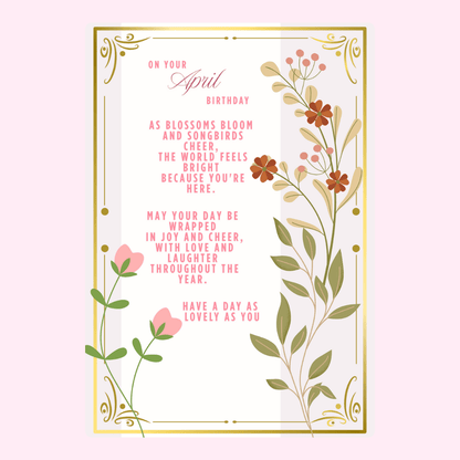 Floral April birthday poem card with soft pink typography, botanical illustrations and elegant gold border design