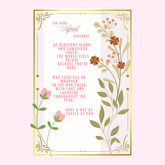 Floral April birthday poem card with soft pink typography, botanical illustrations and elegant gold border design