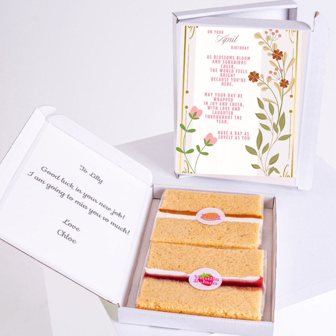 Elegant April birthday cake gift box with floral poem card and delicate botanical artwork
