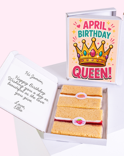 April birthday cake gift box featuring a colourful queen crown illustration with bold pink typography and sparkles
