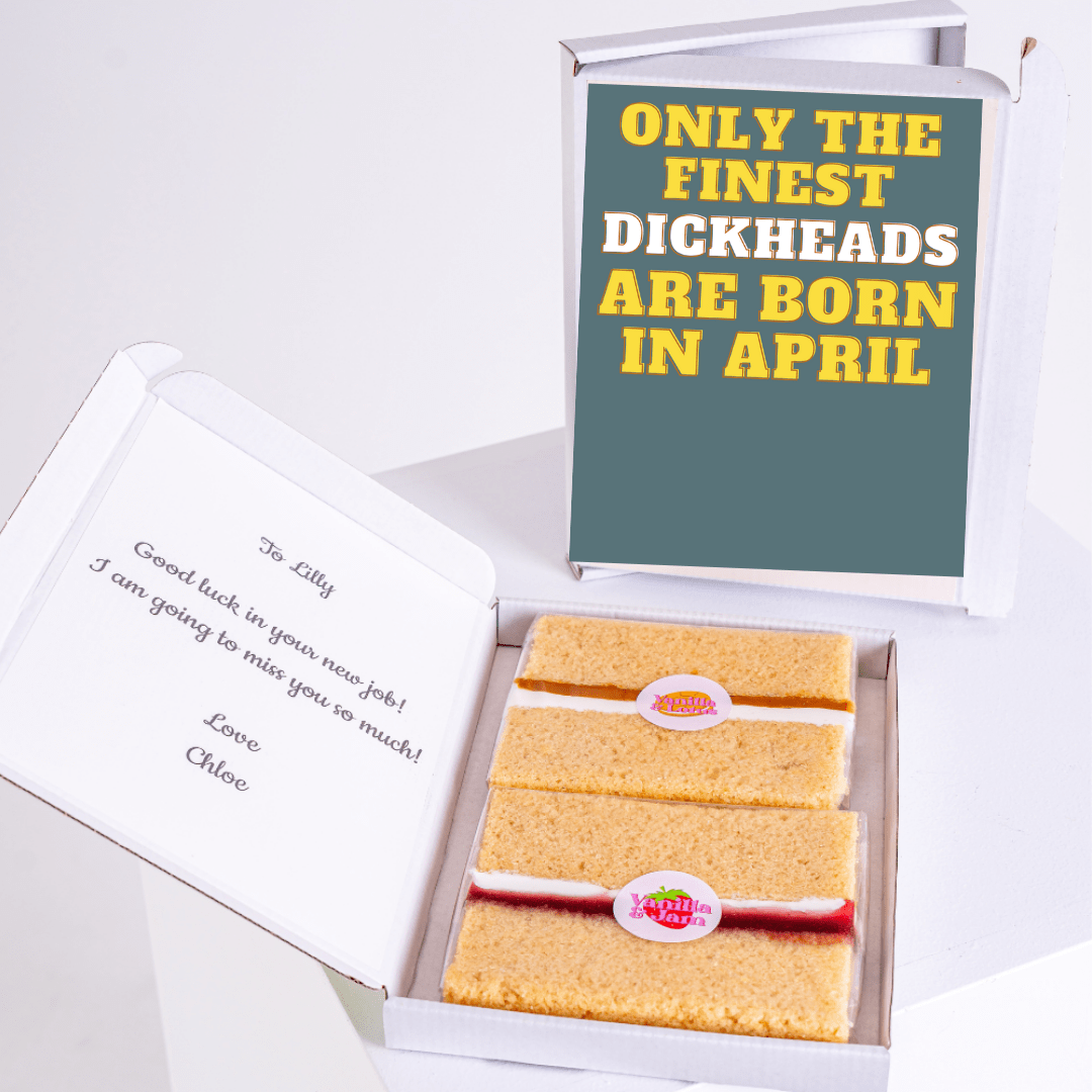 Humorous birthday cake gift box with bold typography saying only the finest dickheads are born in April