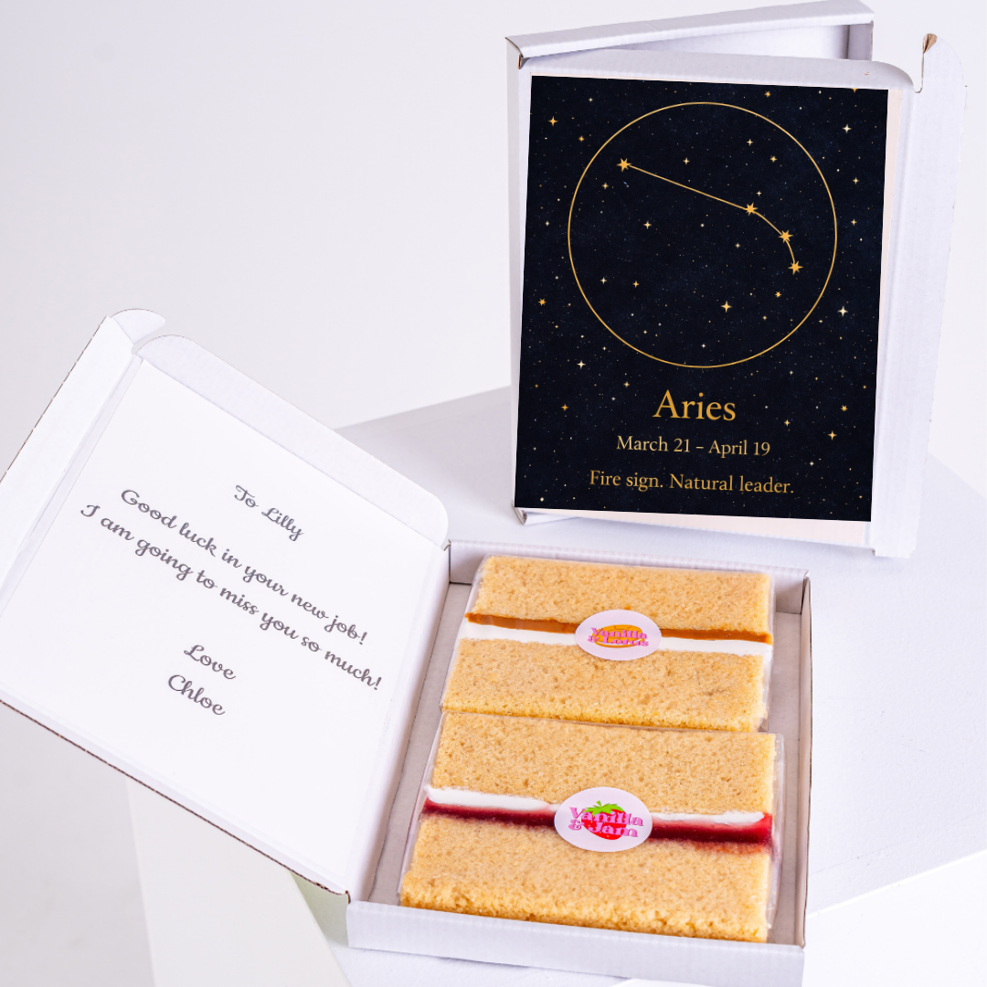 Aries constellation birthday cake gift box with zodiac stars and astrology inspired design
