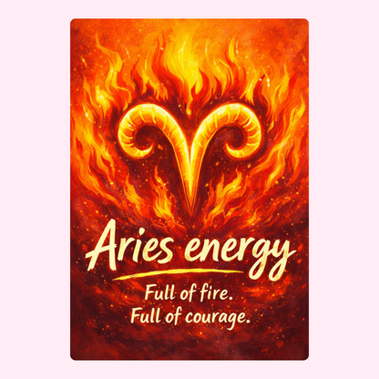 Fiery Aries zodiac birthday card with glowing ram symbol and quote about courage and fire