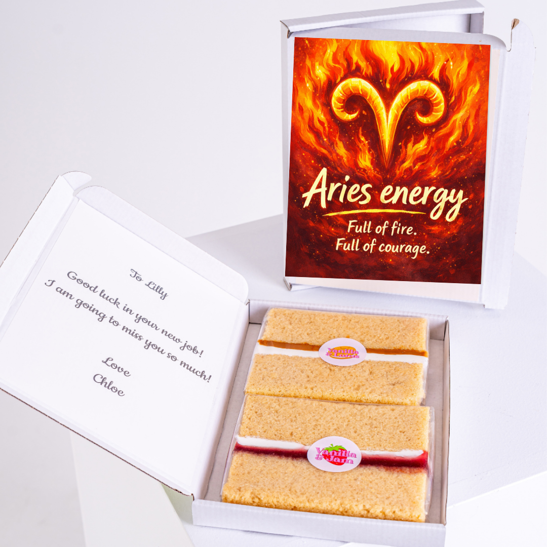 Aries themed birthday cake gift box with fiery zodiac ram symbol and motivational Aries energy message