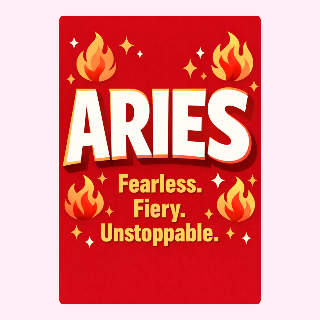 Bright red Aries zodiac birthday card with flame icons and fearless fiery unstoppable text