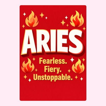 Bright red Aries zodiac birthday card with flame icons and fearless fiery unstoppable text