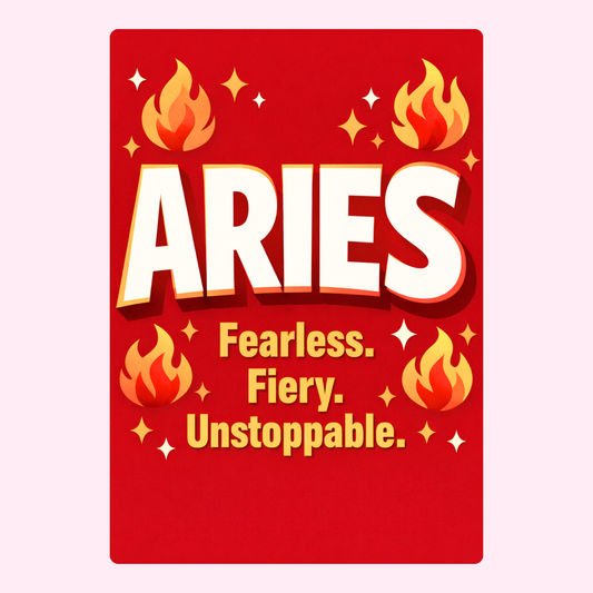 Bright red Aries zodiac birthday card with flame icons and fearless fiery unstoppable text