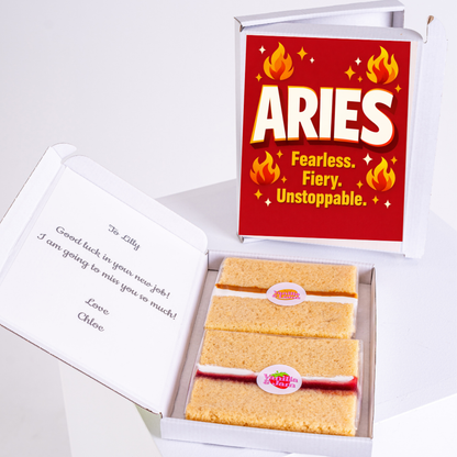Aries birthday cake gift box with bold red fiery zodiac design and fearless unstoppable quote