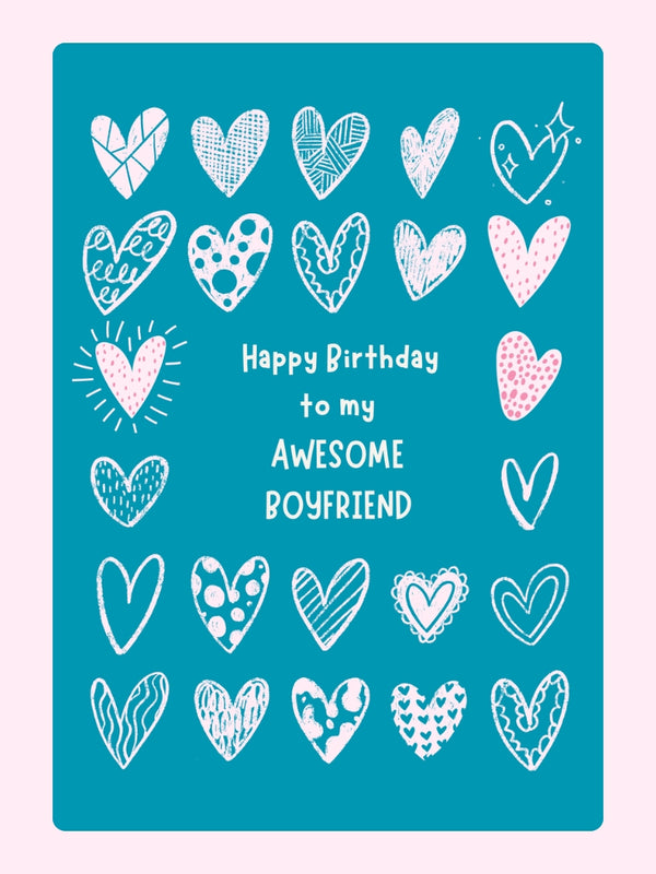 Blue birthday card for awesome boyfriend with illustrated heart pattern
