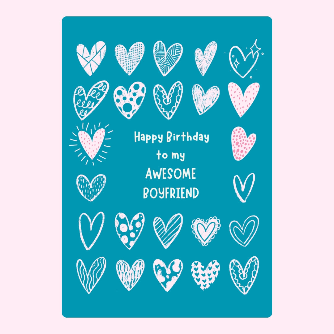 Blue birthday card for awesome boyfriend with illustrated heart pattern