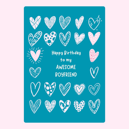 Blue birthday card for awesome boyfriend with illustrated heart pattern