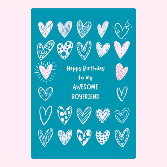 Blue birthday card for awesome boyfriend with illustrated heart pattern