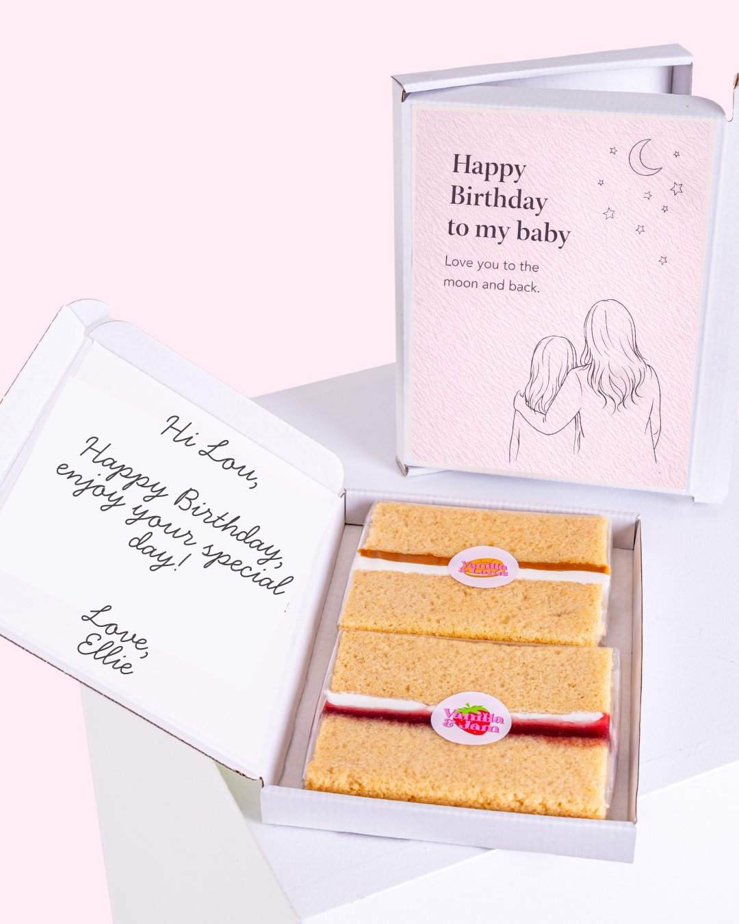 baby birthday cake card with letterbox cake gift