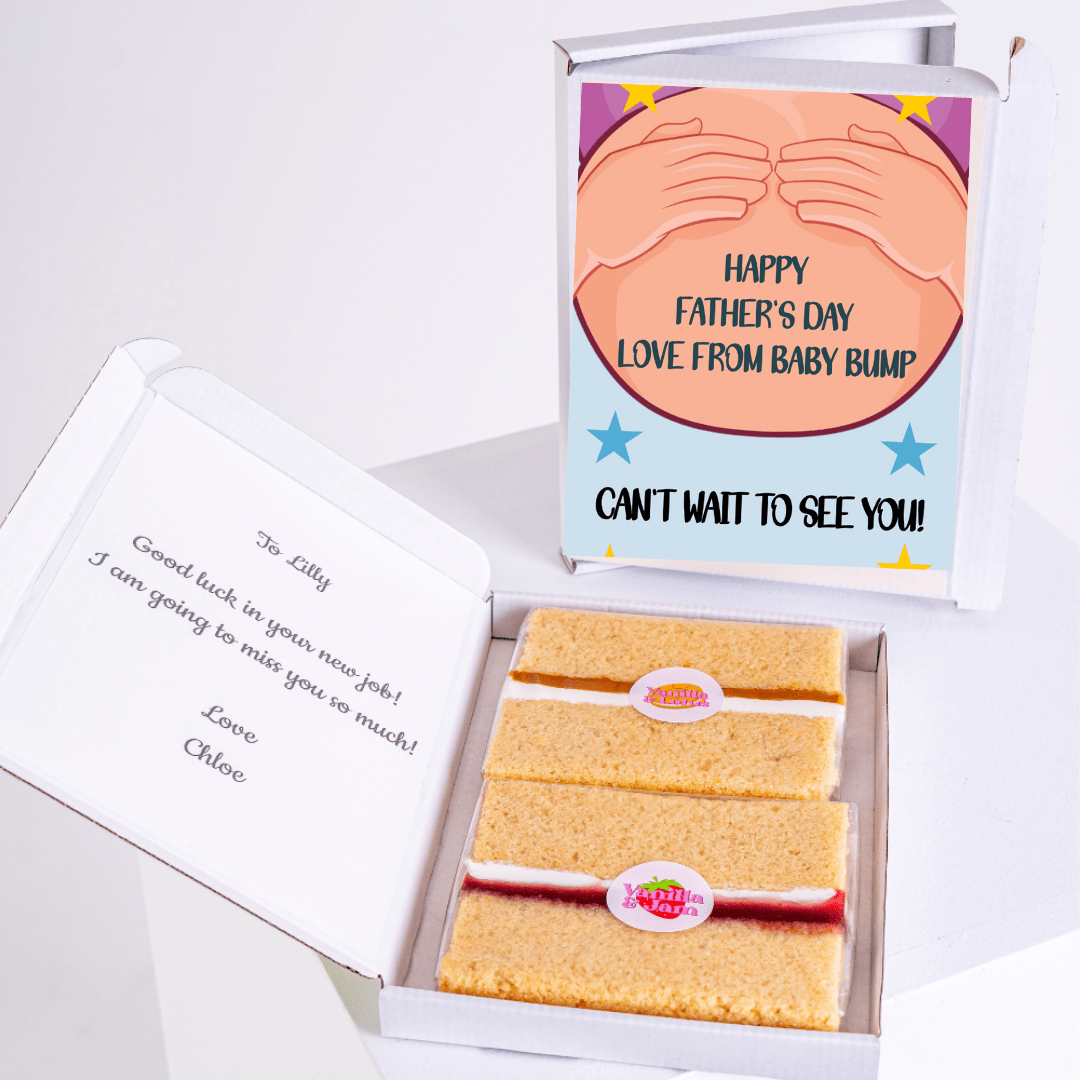 Baby bump Father’s Day cake card with cake inside
