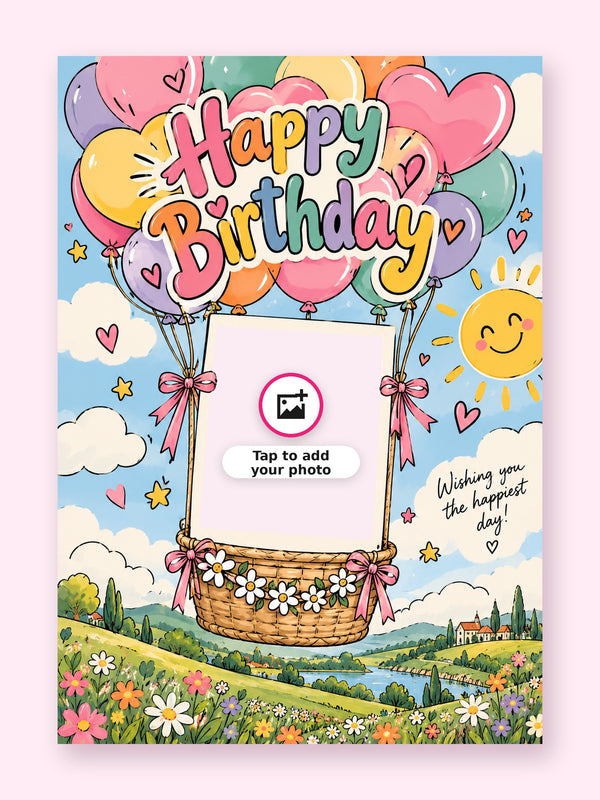 Balloon Basket Birthday Cake Card with a space for your own photo