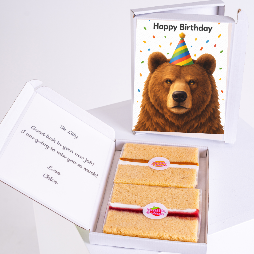 Bear birthday card with cake slices gift box
