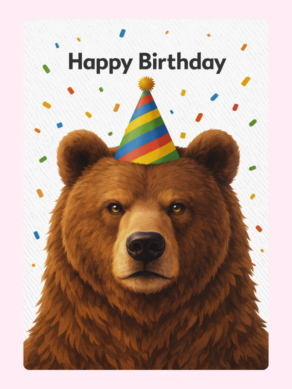 Bear wearing party hat birthday card