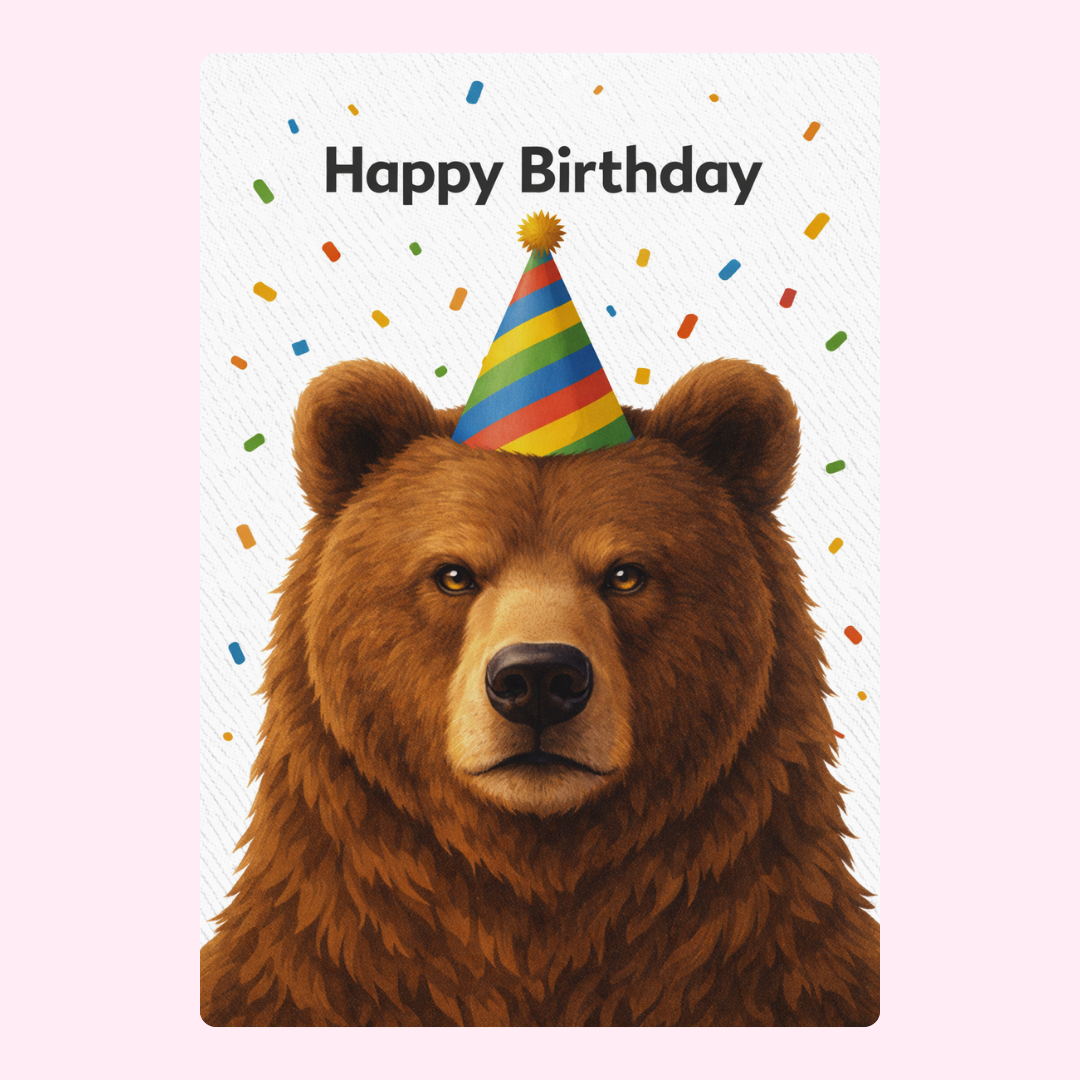 Bear wearing party hat birthday card