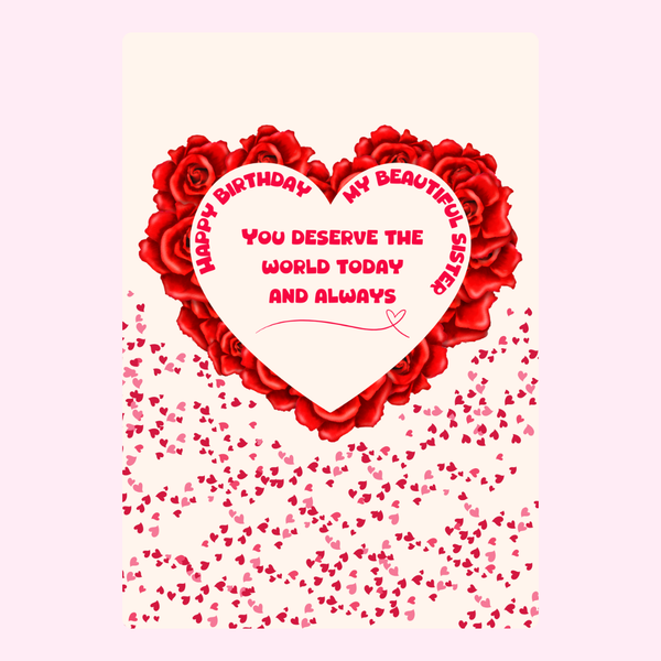 Birthday card design for sister with rose heart illustration