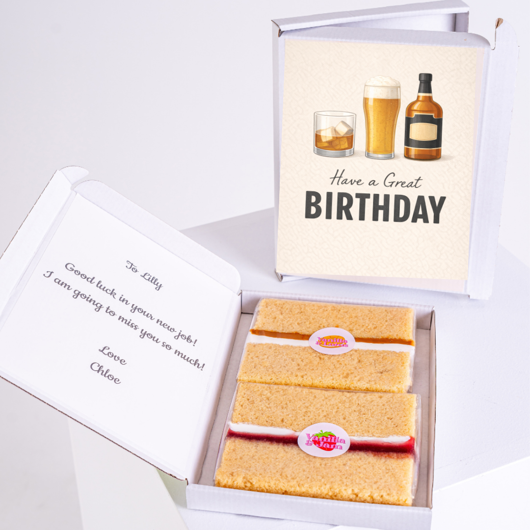 Beer and whiskey birthday card with cake slices gift box