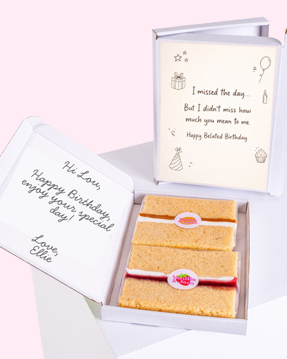 A sweet "Belated Birthday" card with the message "I missed the day... But I didn't miss how much you mean to me" and a candle illustration. Inside the box, a personalized message and cake slices.